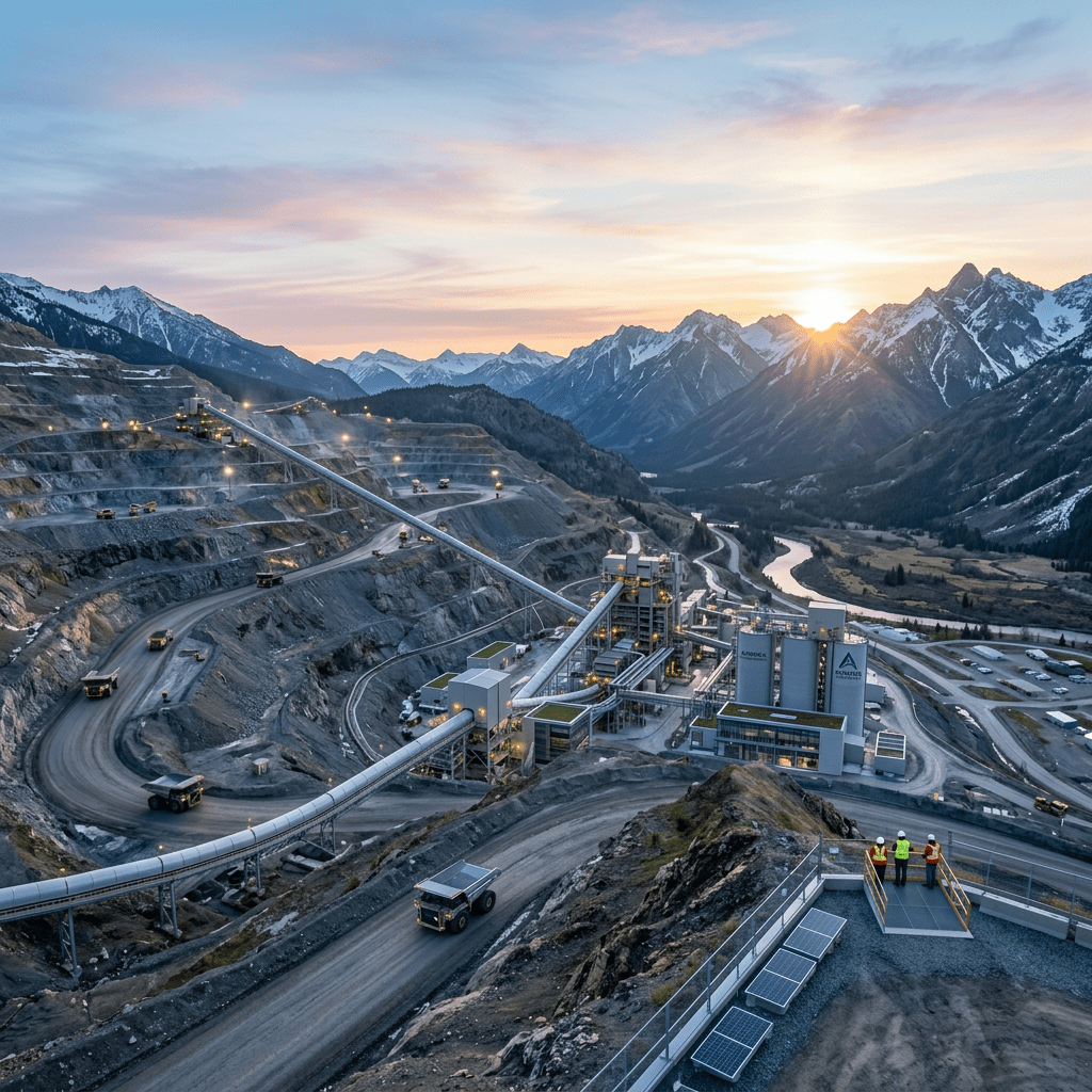 Open-pit mine with trucks and equipment operating at sunset near snowy mountains